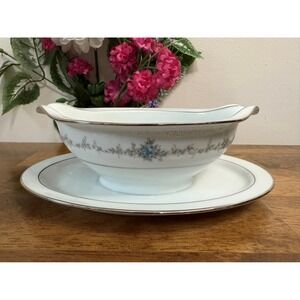 Noritake Glencoe Gravy Boat Underplate Vintage Japan China Floral Blue Silver